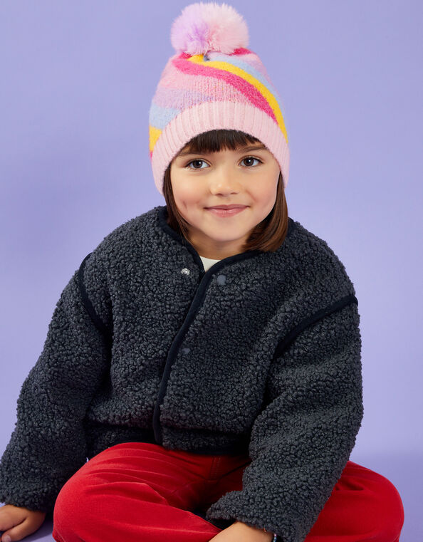 Girls Stripe Fluffy Pom Beanie Hat, Multi (BRIGHTS MULTI), large