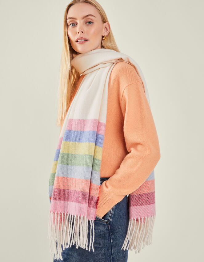 Rainbow Stripe Fringe Blanket Scarf, , large