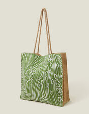 Leaf Print Jute Shopper Bag, , large