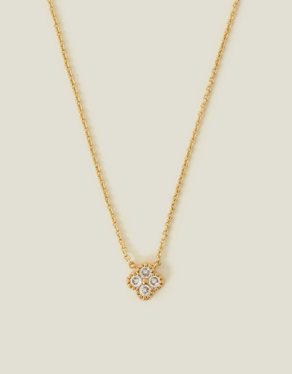 14ct Gold-Plated Diamante Flower Pendant Necklace, , large