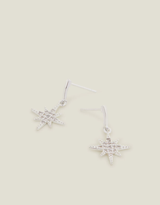 Sterling Silver-Plated Diamante Star Drop Earrings, , large