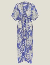 Palm Print Chiffon Maxi Kaftan Dress, Blue (BLUE), large