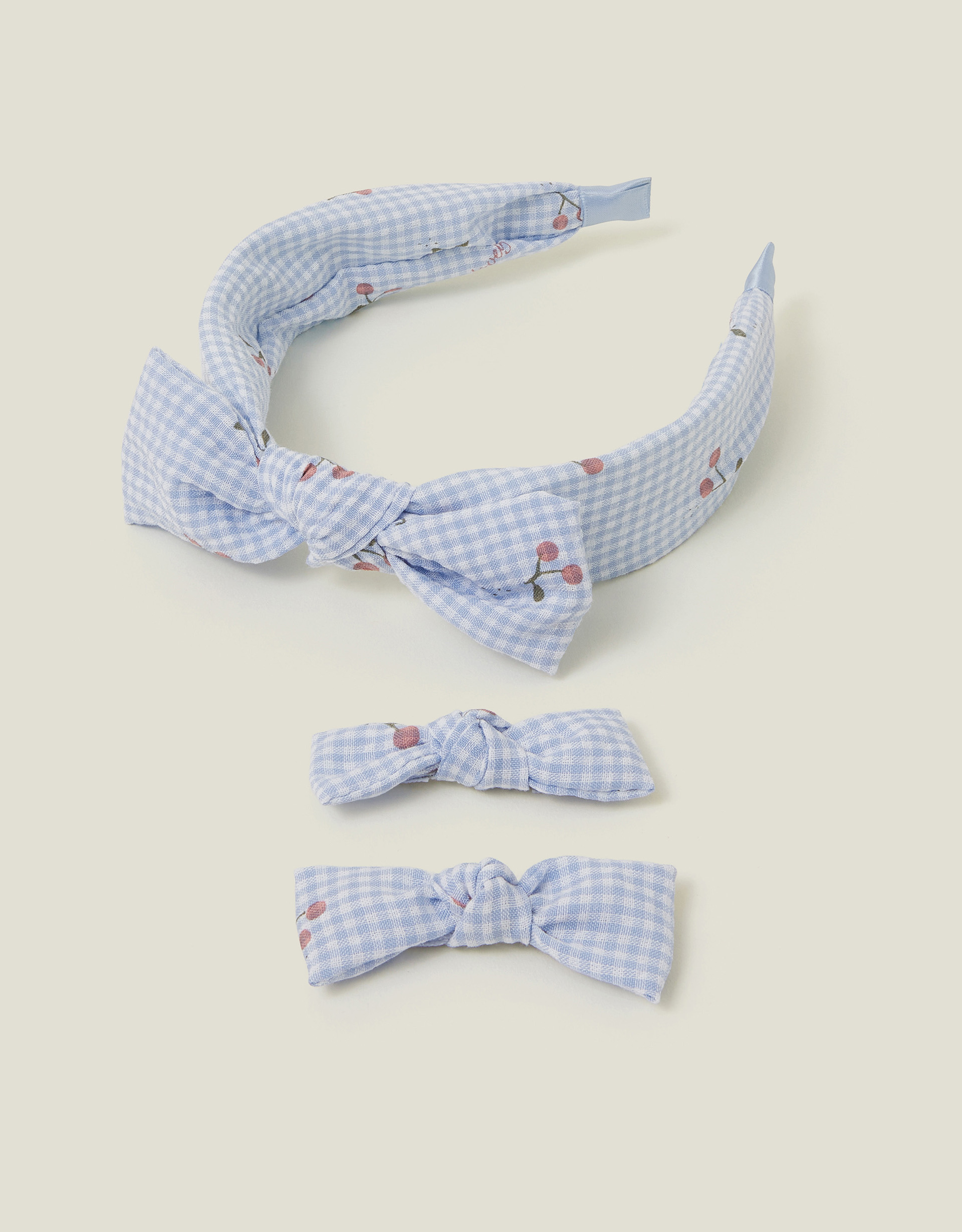 Blue Girls Cherry Gingham Hair Bow and Headband Set, Kids - Accessorize