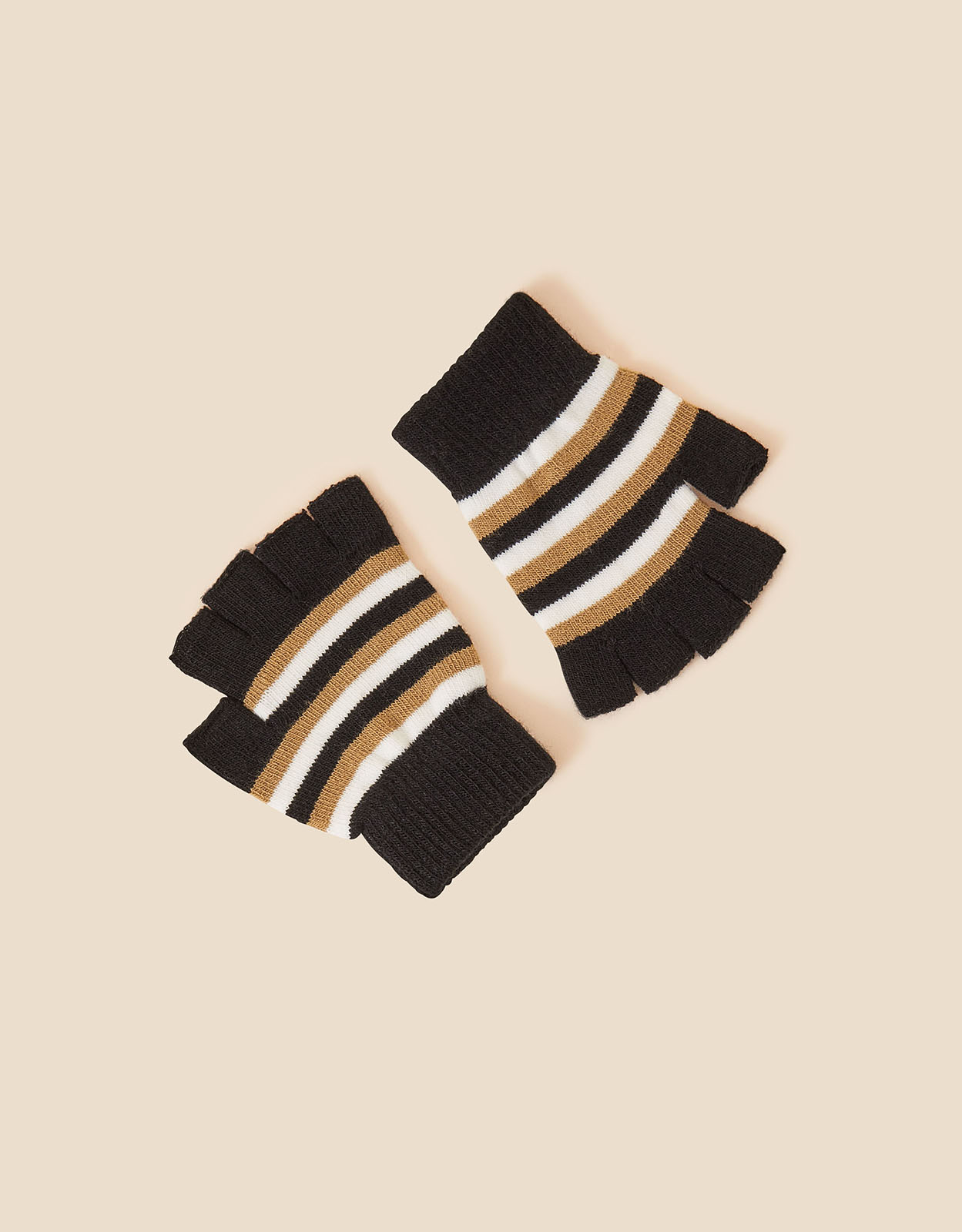 Accessorize Black, White and Gold Stripe Fingerless Gloves, Size: 16x9cm