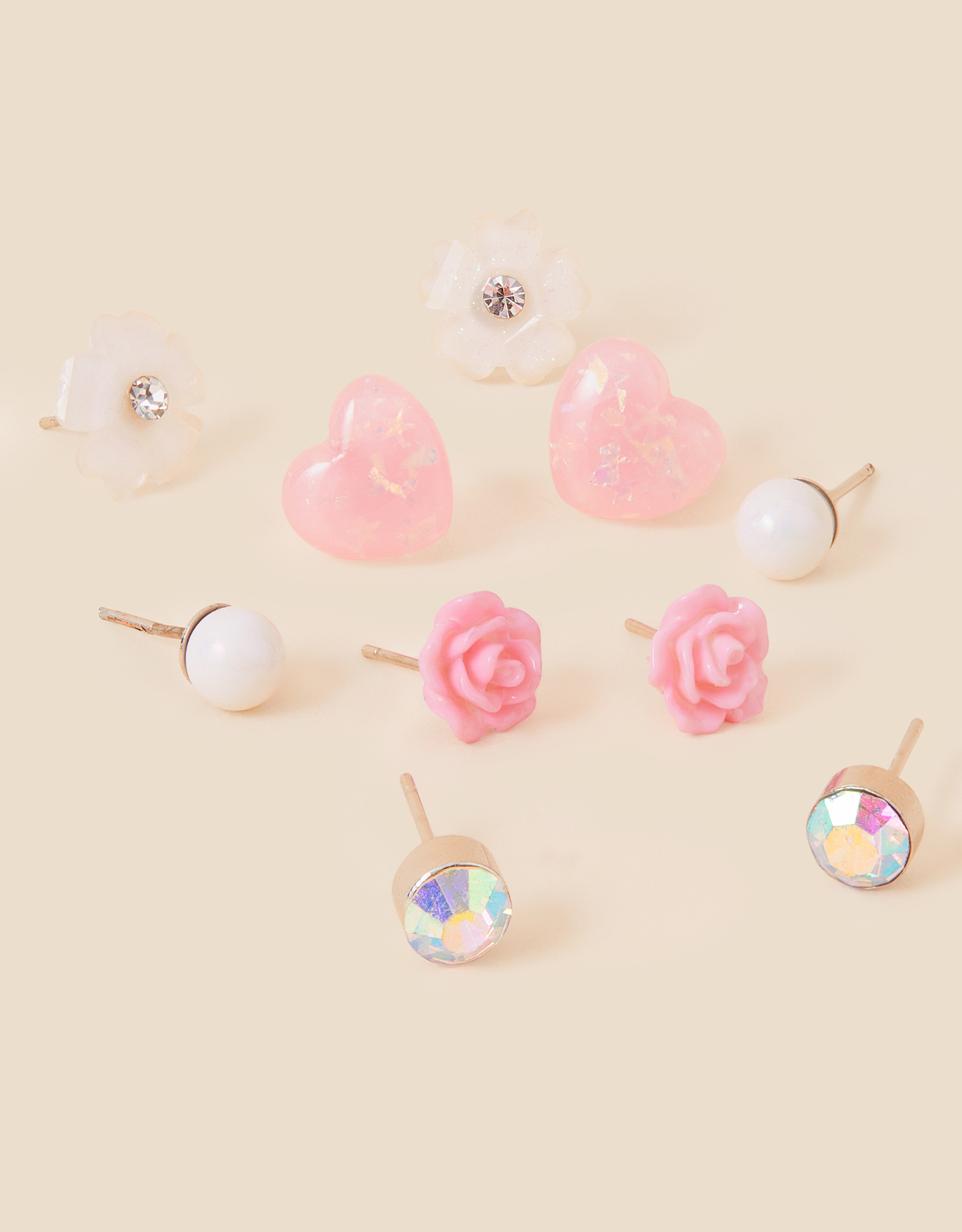 Accessorize Girl's White/Pink Embellished Pierced Stud Earrings 5 Pack, Size: One Size