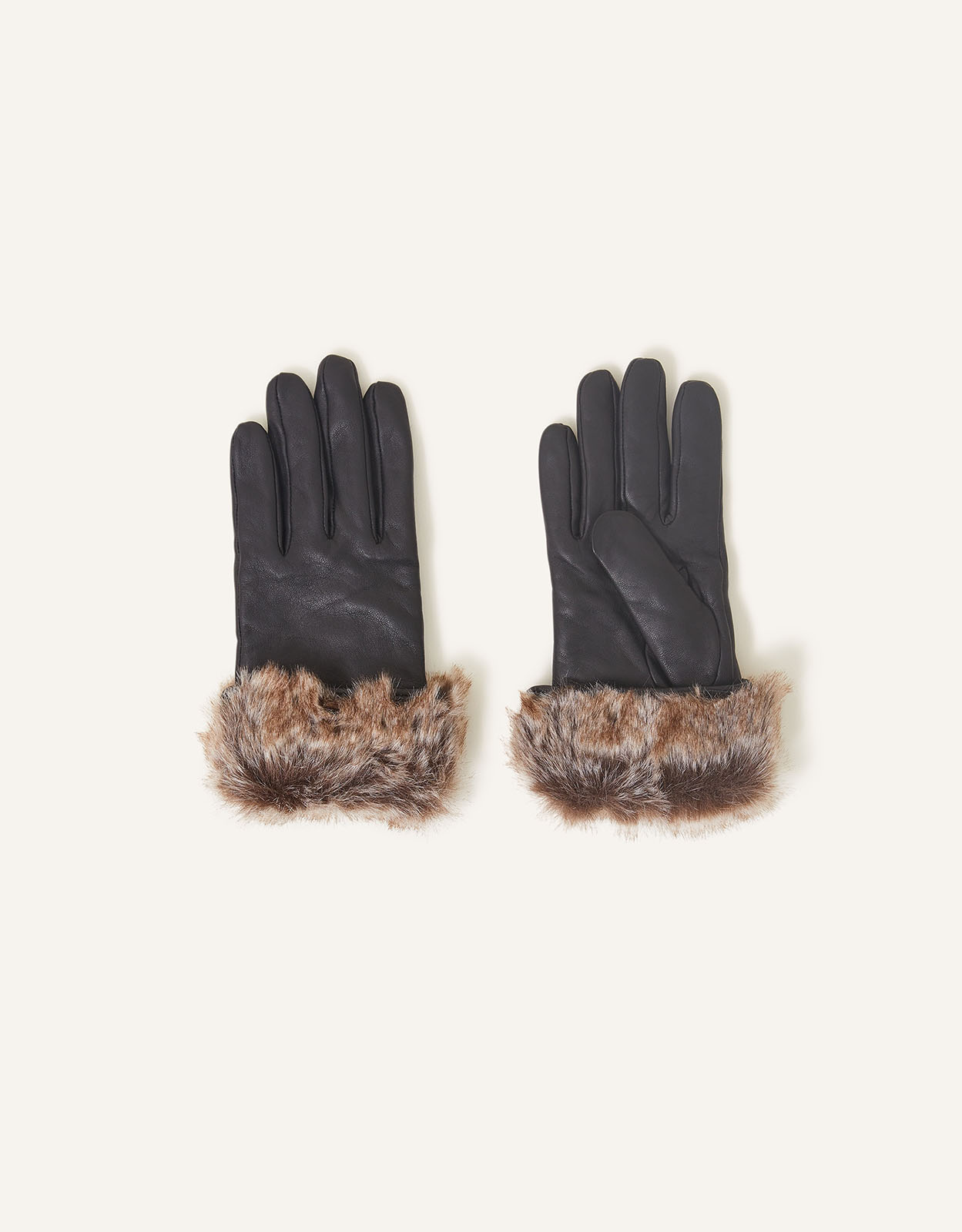 Accessorize Black and Grey Leather Faux Fur Trim Gloves, Size: M / L