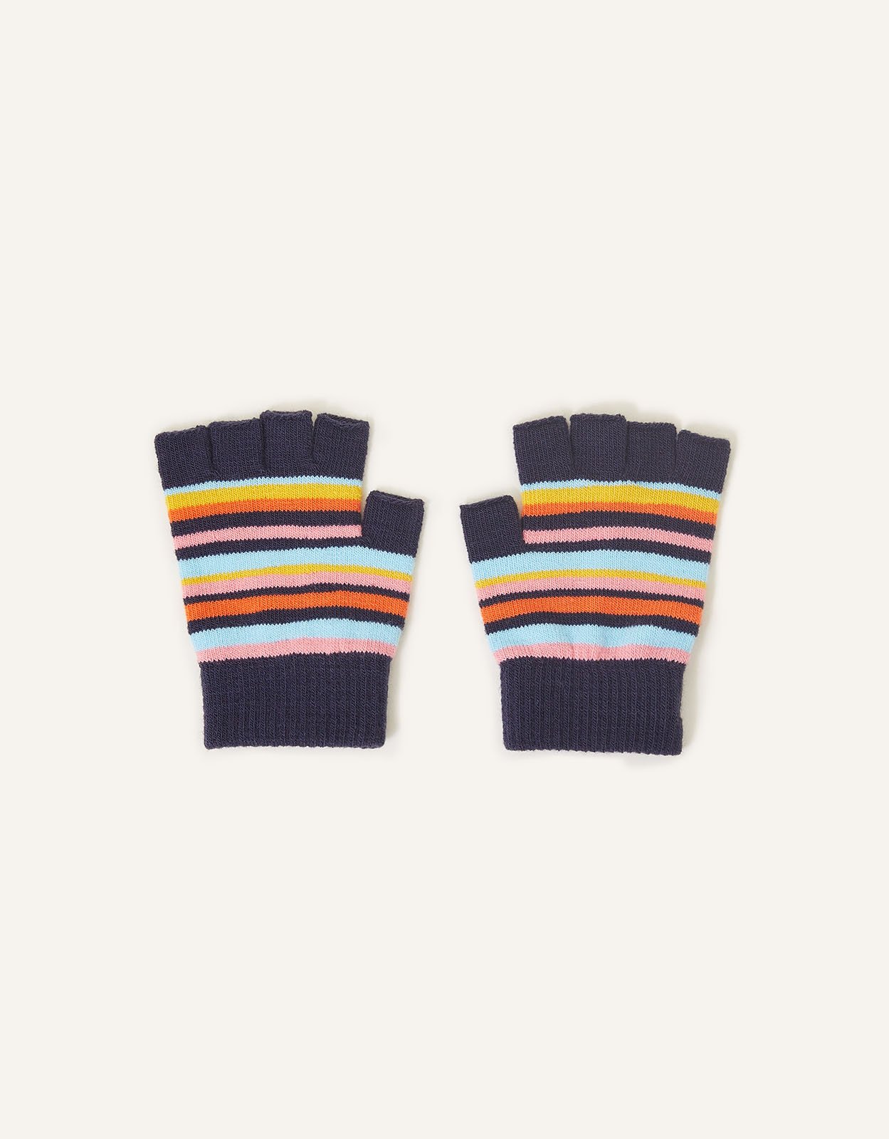 Accessorize Navy Blue/Pink/Yellow Stripe Fingerless Gloves, Size: 16x9cm